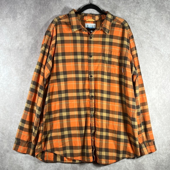 Columbia Shirt Mens 2XL Orange Plaid Button Up Long Sleeve Outdoor Casual Fall - Picture 1 of 9